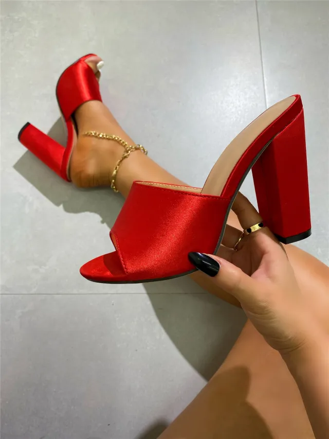 Summer Chunky Heel Women's Slippers Satin Surface High Heel Sandals Red - Shop at LoveMi