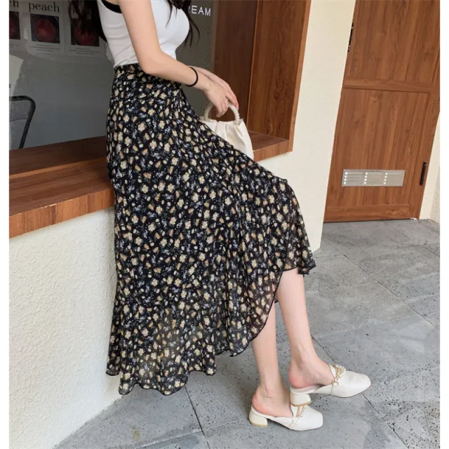 Vacation Style Floral Skirt Chiffon Dress Skirt One piece Ruffled Black - Shop at LoveMi