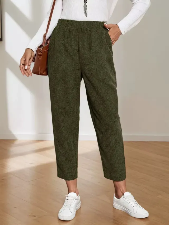 Corduroy Pocket High waist Solid Color Straight Casual Pants Army Green - Shop at LoveMi