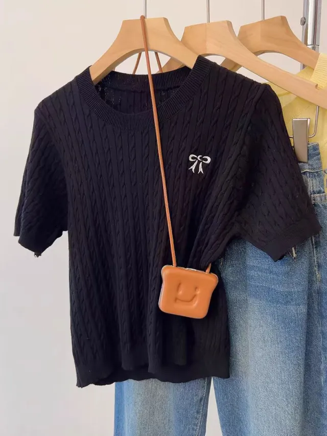 Twist Round Neck Embroidered Short sleeved T shirt Short Inner Sweater Black - Shop at LoveMi