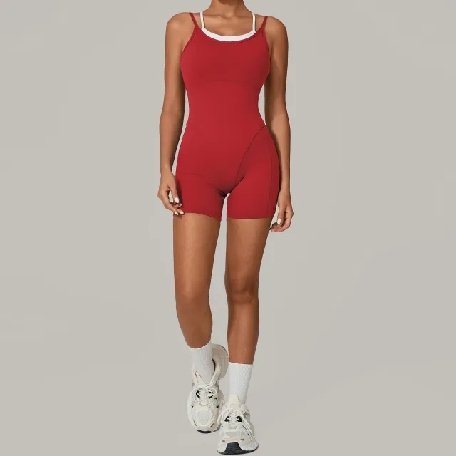 Autumn Sand Fake Two piece Contrast Color Sling Sports Jumpsuit Red - Shop at LoveMi