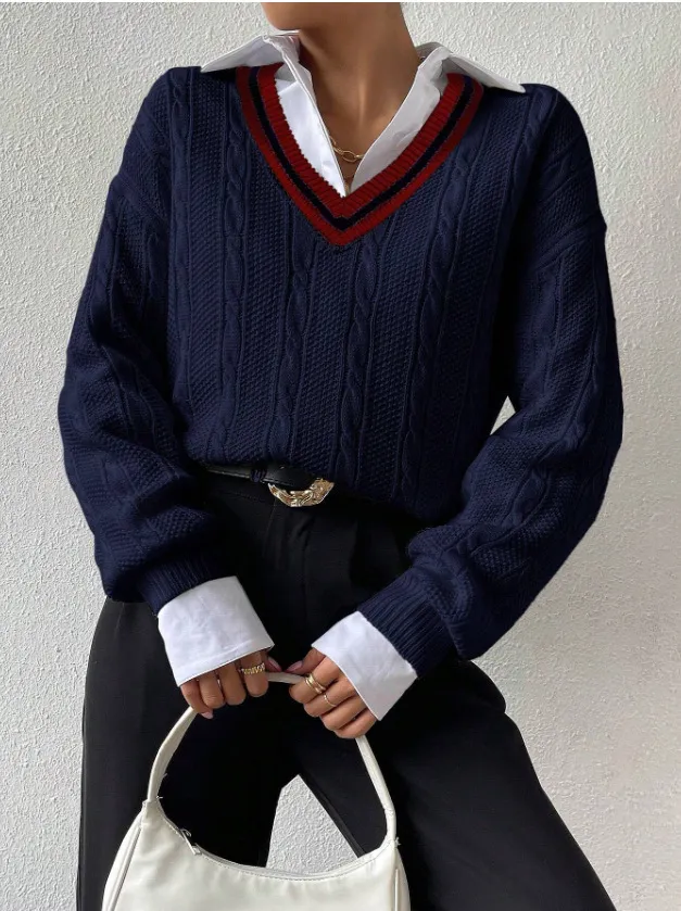 V neck Pullover Knitted Sweater Fashion Dark Blue - Shop at LoveMi