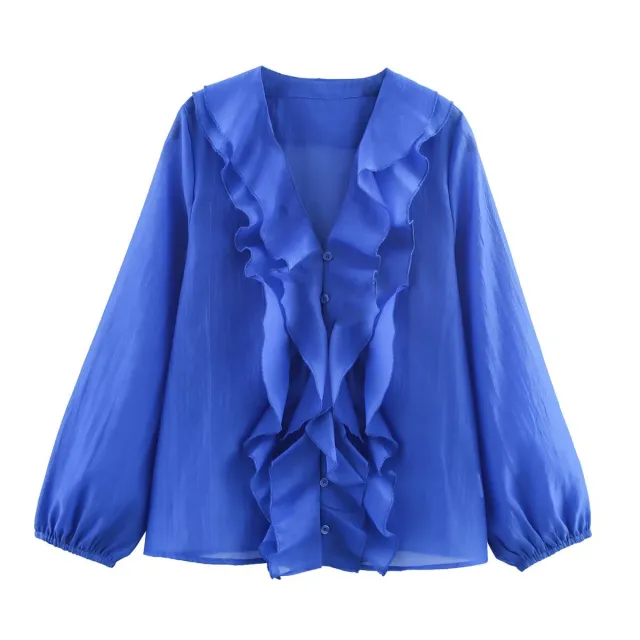Summer Laminated Decoration Long Sleeve Shirt Top Blue - Shop at LoveMi