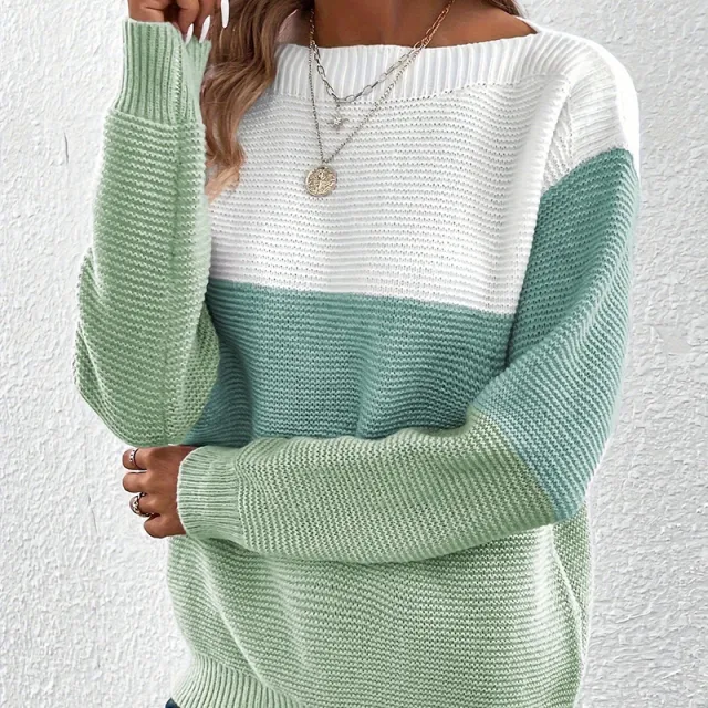 Autumn And Winter Knitted Sweater Women's Round Neck Long Sleeve Pullover Top Green And White - Shop at LoveMi