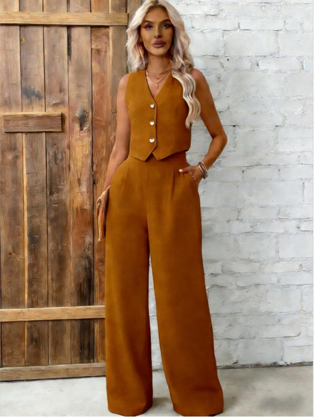 Women's Plus-Size Buttoned Vest & Pants Set in Navy Blue – sleeveless two-piece patchwork