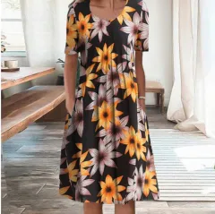 Spring And Summer Women's Elegant Large Swing Round Neck Printed Short Sleeve Dress - No 10 Color-L - View 1