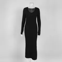 V-neck Slim Solid Colour Long Sleeve Dress - Black - View 1