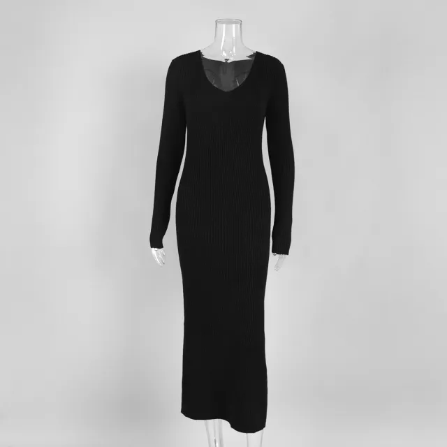V neck Slim Solid Color Long Sleeve Dress Black - Shop at LoveMi