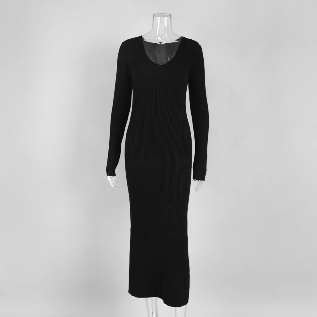 V-neck Slim Solid Color Long Sleeve Dress - Black