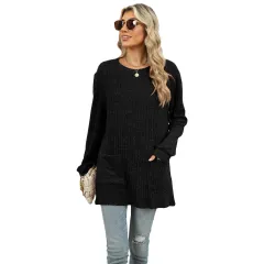 Casual Round Neck Pocket T-shirt Puff Sleeve Loose Top - Black - View 1