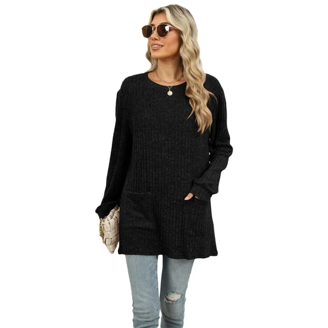 Casual Round Neck Pocket T shirt Puff Sleeve Loose Top Black - Shop at LoveMi