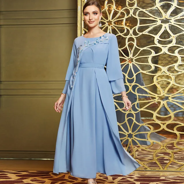 Hand Sewing Drill Asymmetric Double layer Chiffon Dress Haze Blue - Shop at LoveMi