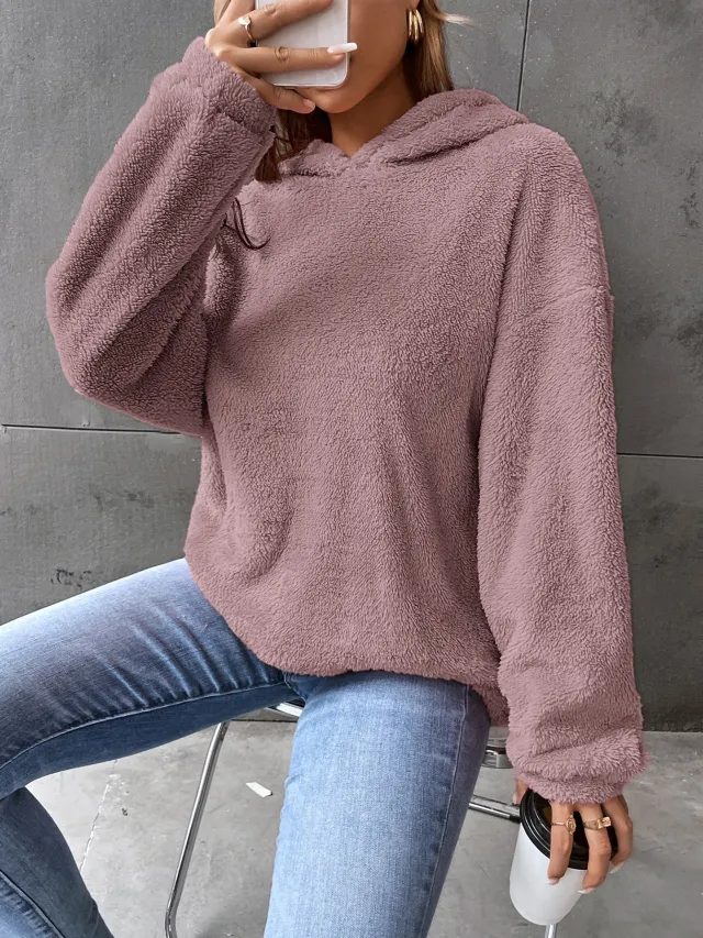 Women's Simple Fashion Hooded Double sided Velvet Loose Long Sleeve Sweatershirt Greyish Purple - Shop at LoveMi