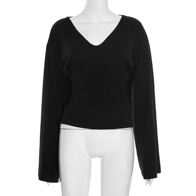 Summer And Autumn New Solid Color And V neck Flared Long Sleeve Slim Fit Black - Shop at LoveMi