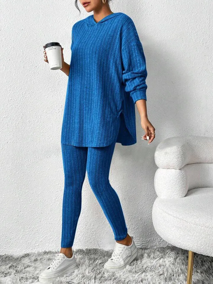Autumn Solid Color Sunken Stripe Loose-fitting Hoodie Long Sleeve Suit - Sapphire Blue