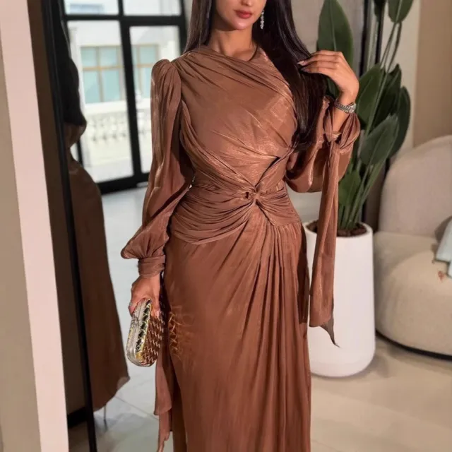 Pleated Ribbon Shiny Evening Dress Light Brown - Shop at LoveMi