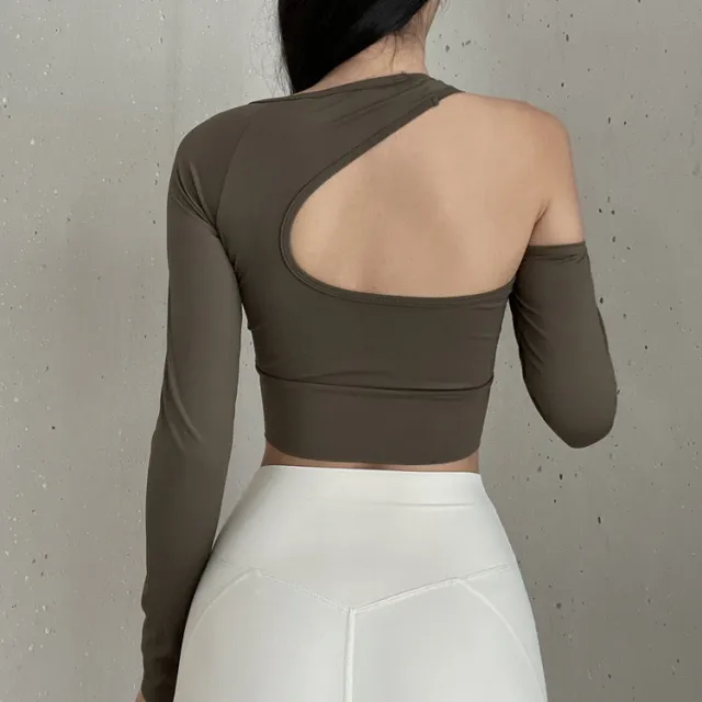 Long Sleeve T shirt Yoga Clothes With Chest Pad One Shoulder Hollow Irregular Olive - Shop at LoveMi