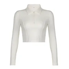 Women's Solid Color Line Split Lapel Zipper Basic T-shirt Top - White - View 1
