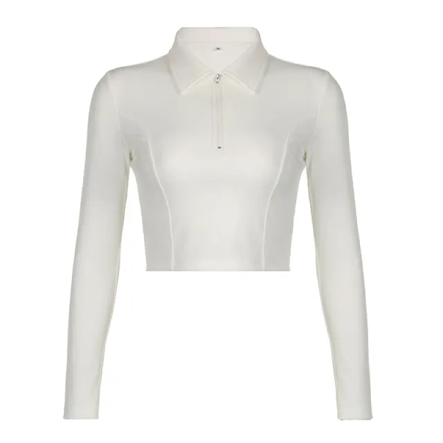Women's Solid Color Line Split Lapel Zipper Basic T shirt Top White - Shop at LoveMi