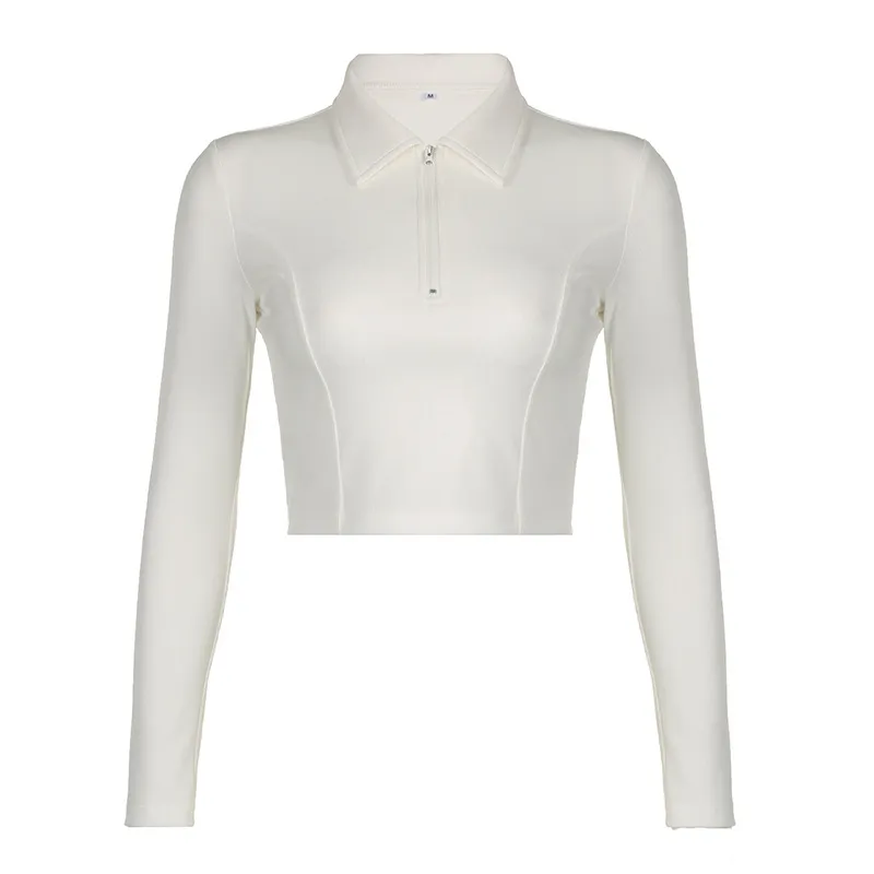 Women's Solid Color Line Split Lapel Zipper Basic T-shirt Top - White