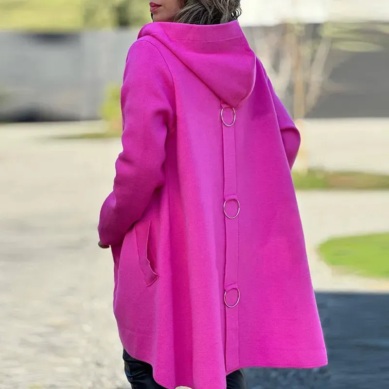 Autumn And Winter New Hooded Long Sleeve Solid Color Woolen Coat - Rose