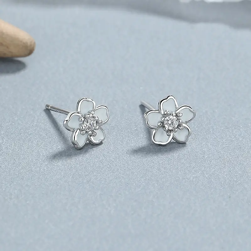 925 Sterling Silver Epoxy Flowers Five Petal Flower Ear Bone Stud