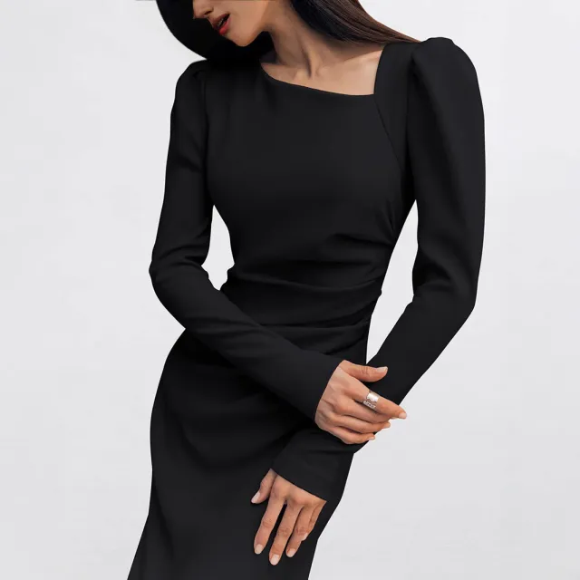 Womens Elegant Asymmetrical Neckline Puff Sleeved Bodycon Split Dress Black - Shop at LoveMi