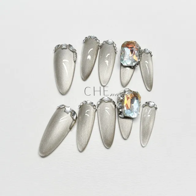 Hand worn Armor Long Oval High Grade Gray Cat's Eye Fake Nail Patch Prolate Ellipse - Shop at LoveMi