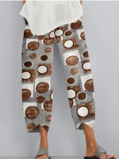 Women's Loose And Irregular Rendering Printing Elastic Waist Dungarees - Brown - View 1