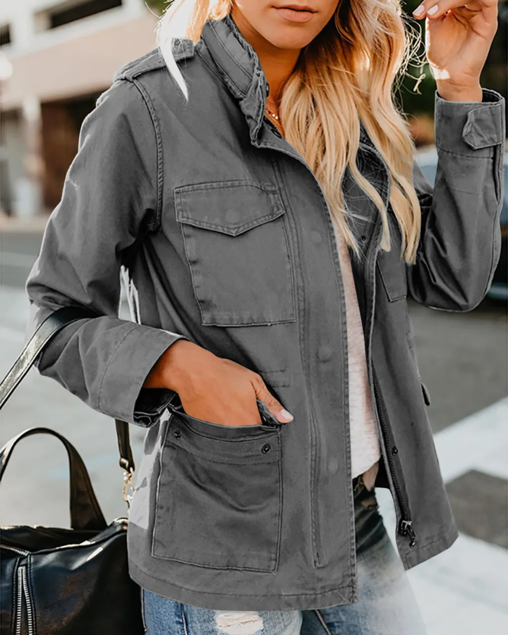 Women's Casual Fashion Solid Color Loose Zip Lapel Jacket - Dark Gray