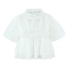 Fashionable All-match Puffed Sleeves Lace-up Short-sleeved Doll Shirt - White - View 1