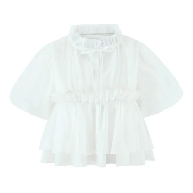 Fashionable All match Puffed Sleeves Lace up Short sleeved Doll Shirt White - Shop at LoveMi