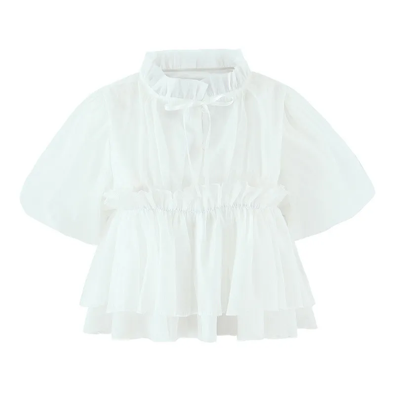 Fashionable All-match Puffed Sleeves Lace-up Short-sleeved Doll Shirt - White