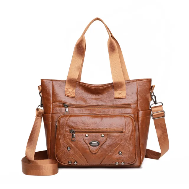 Large Capacity Soft Leather Washed Leisure Commute Shoulder Bag Brown - Shop at LoveMi