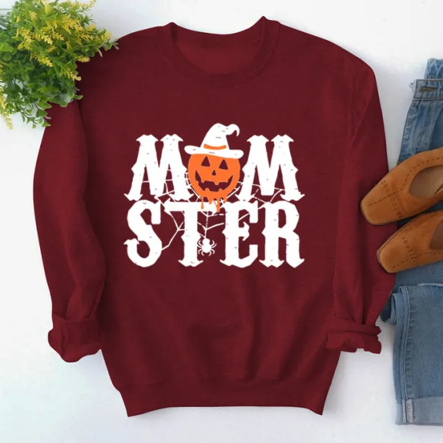 Printed MOM STER Pullover Round Neck Loose Long Sleeves Sweater Wine - Shop at LoveMi