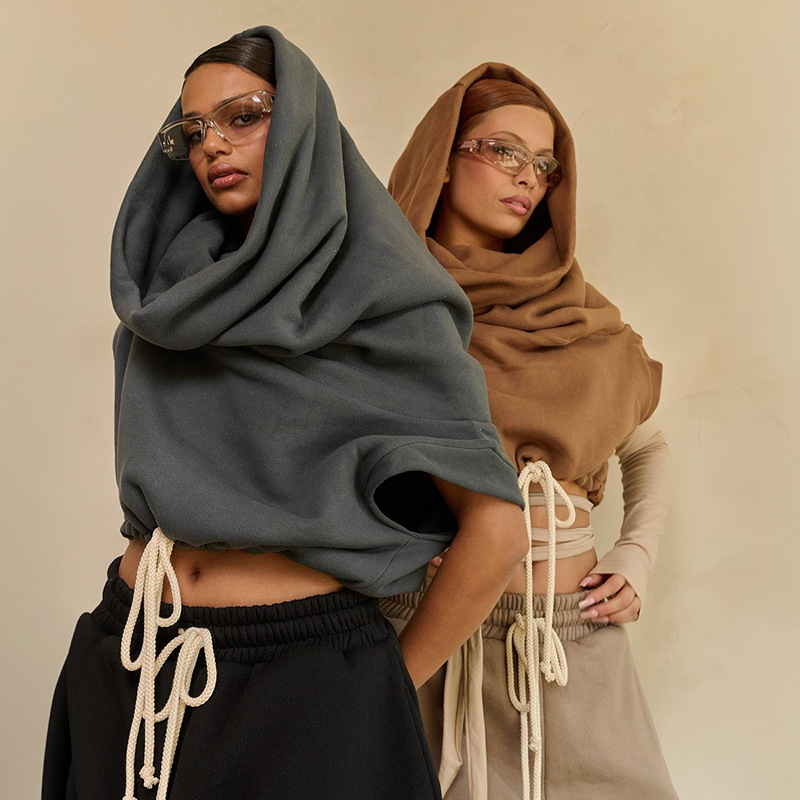 Womens Casual Oversized Collar Sleeveless Drawstring Hooded Sweatshirt