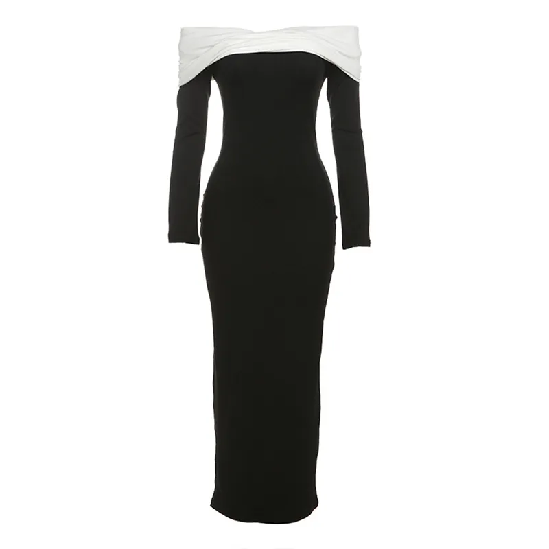 Off-shoulder Long Sleeve High Waist Slim Fit Dress Women - Black