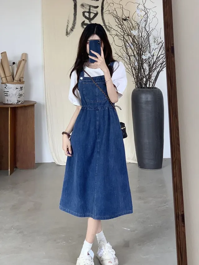 Mid length Denim Overall Dress For Summer Suspender Skirt - Shop at LoveMi