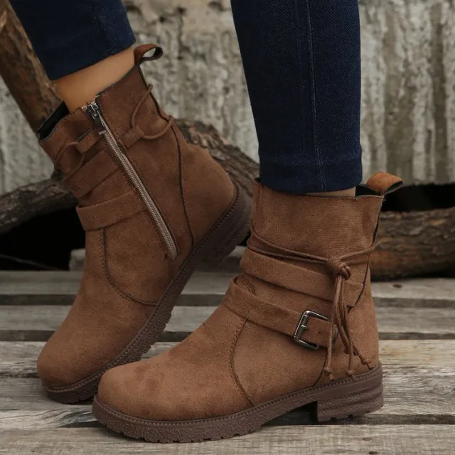 Buckle Square Heel Round Head Fashion Boots New Side Zipper Mid calf Brown - Shop at LoveMi