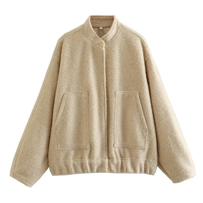Women's Single-breasted Stand Collar Large Pocket Loose Bomber Jacket - Khaki