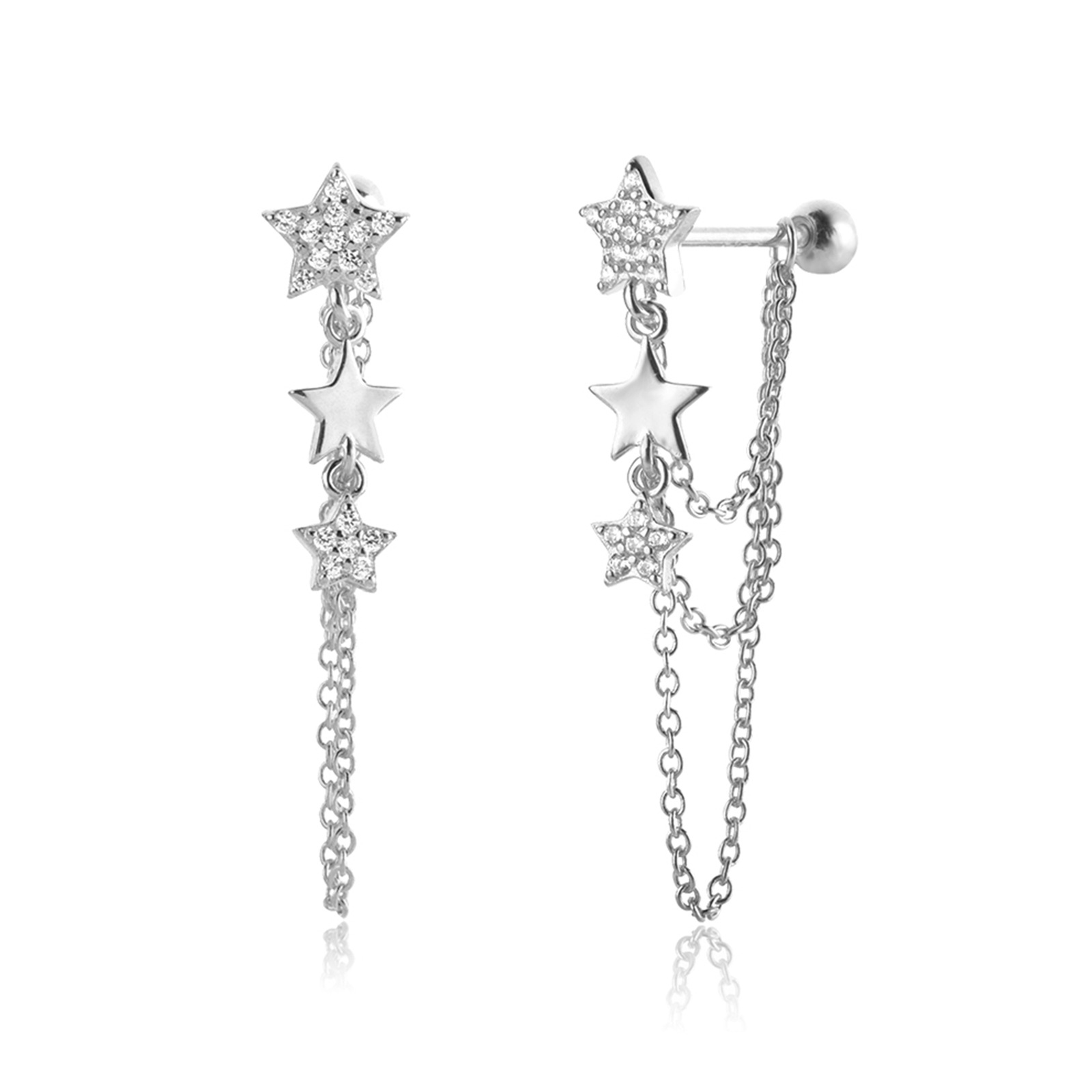 Five-pointed Star Sterling Silver Needle Tassel Stud Earrings