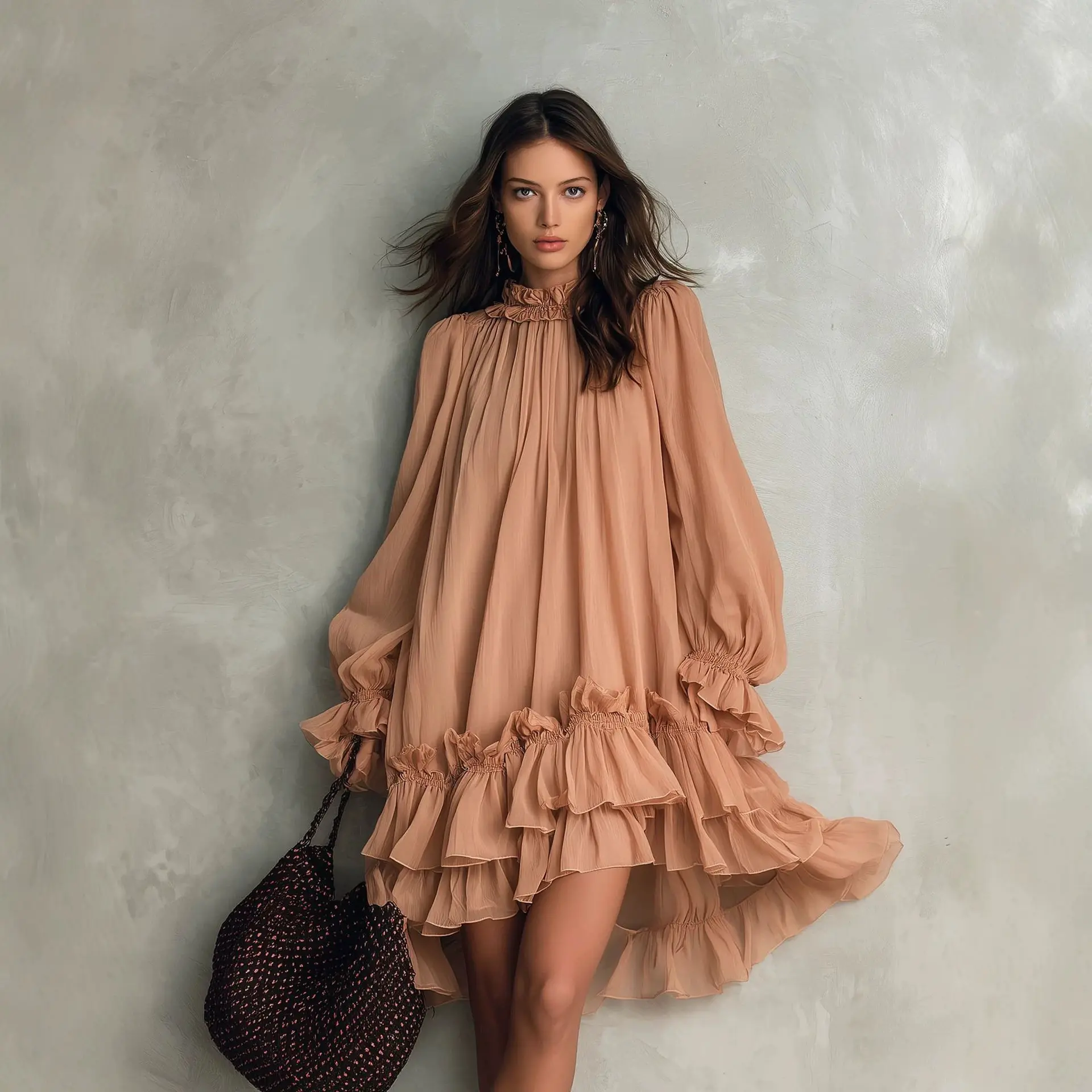 Graceful Stand Collar Trumpet Sleeve Cape Style