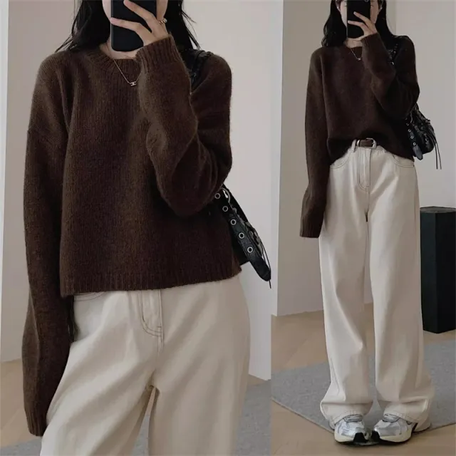 Green Raccoon Velvet Crew Neck Pullover Sweater Female Autumn And Winter Loose Idle Style Coffee - Shop at LoveMi