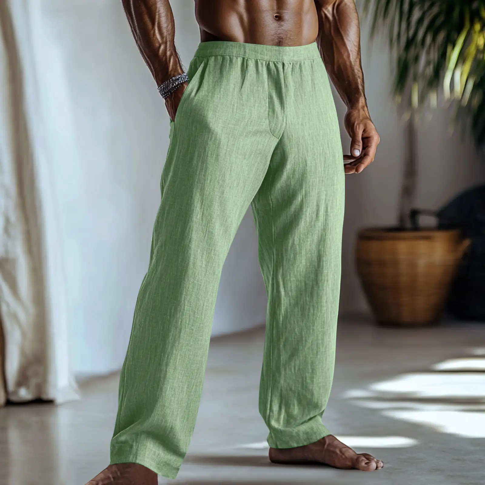 Cotton And Linen Solid Color Casual Trousers With Pockets