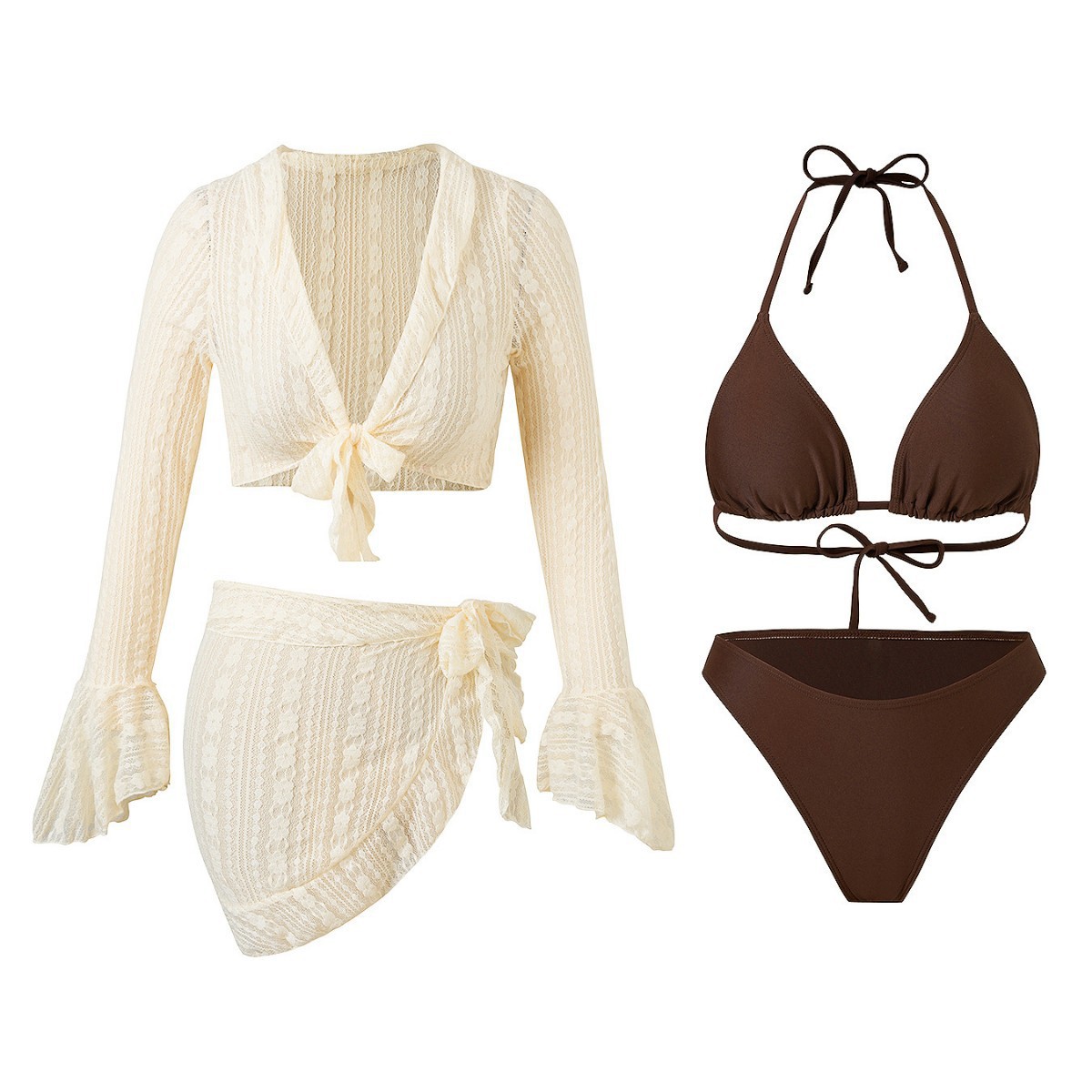 Long-sleeve SmockTriangular ApronAnd Bikini Four-piece Set