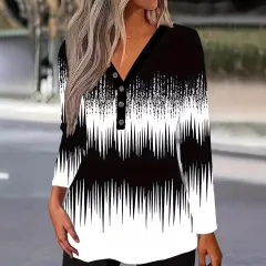 Color Matching Printed V-neck T-shirt Casual Long-sleeved Top - Black - View 1