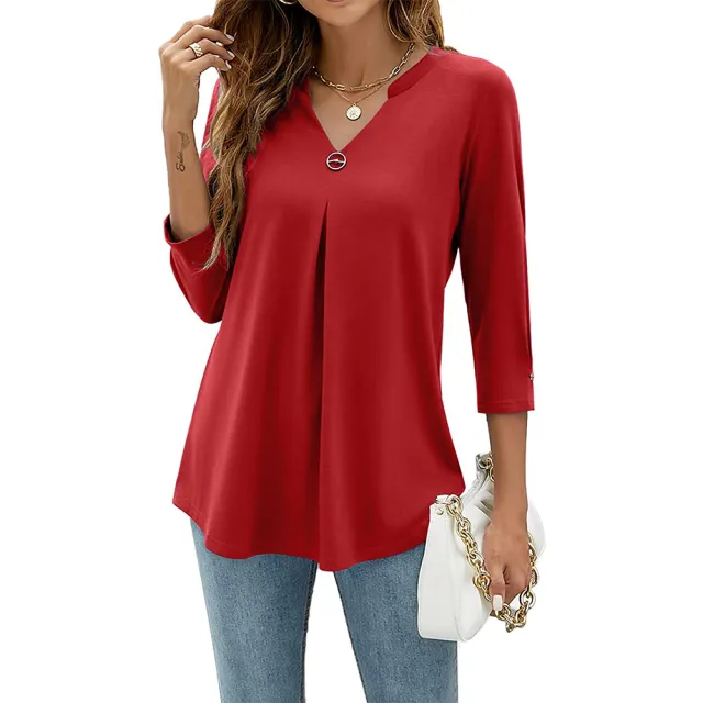 Women's V neck Clinch Pleated T shirt Top Red - Shop at LoveMi
