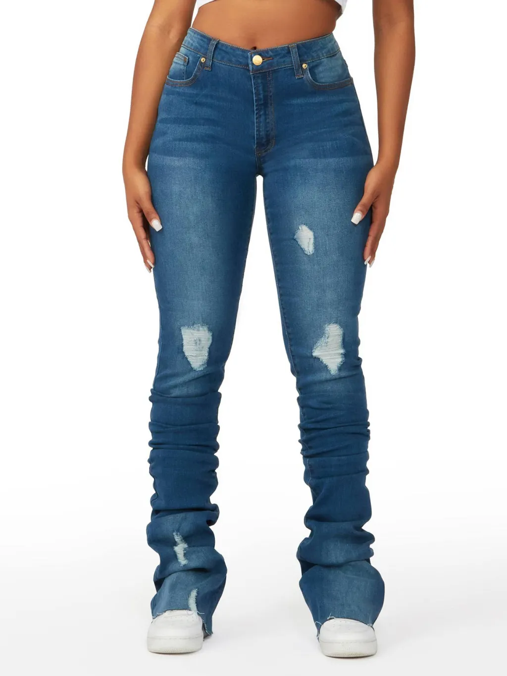 High Waist Women's Clothing Denim Bell-bottom Pants - Dark Blue