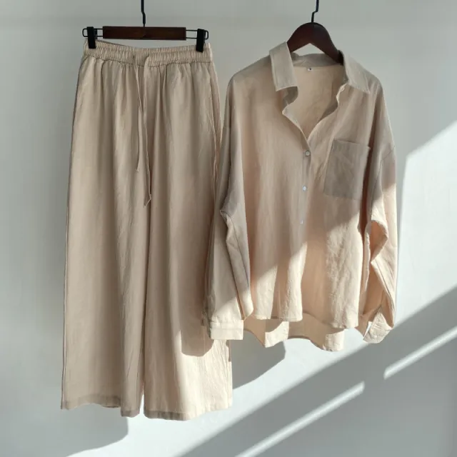 Cross border Women's Ancient Cotton And Linen Shirt Outfit High Waist Loose Trousers Apricot - Shop at LoveMi