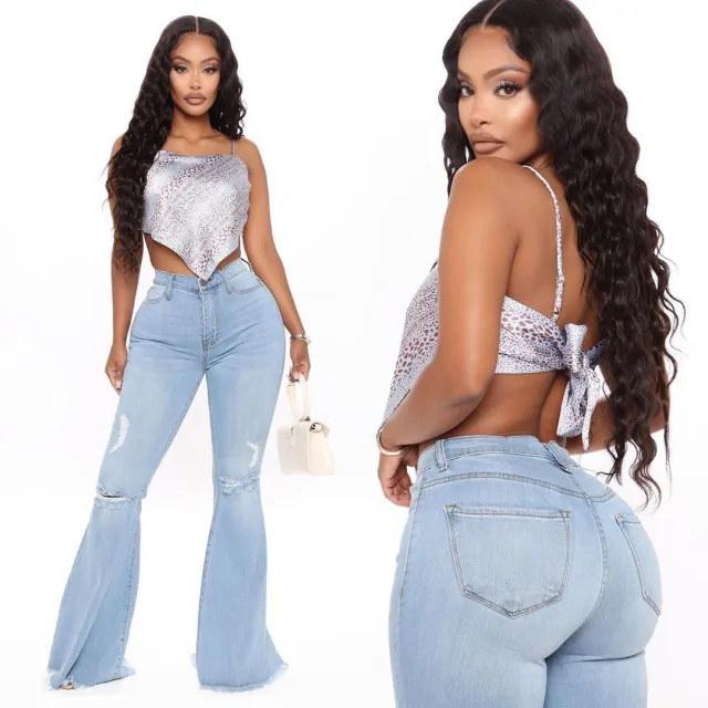 Women's Knee Hole Denim Flared Pants Light Blue - Shop at LoveMi